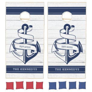 White Wood Blue Anchor Family Name Nautical Cornhole Set