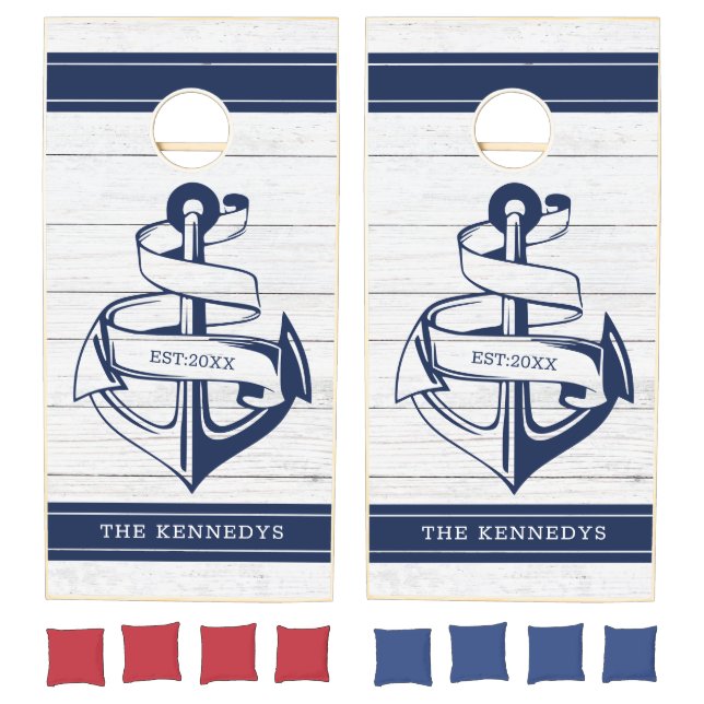 White Wood Blue Anchor Family Name Nautical    Cornhole Set (Set)