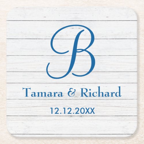 White Wood Blue Monogram Beach Wedding Square Paper Coaster