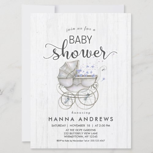 White Wood  Carriage Boy Baby Shower Invitation
