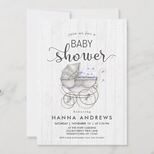 White Wood & Carriage Boy Baby Shower Invitation