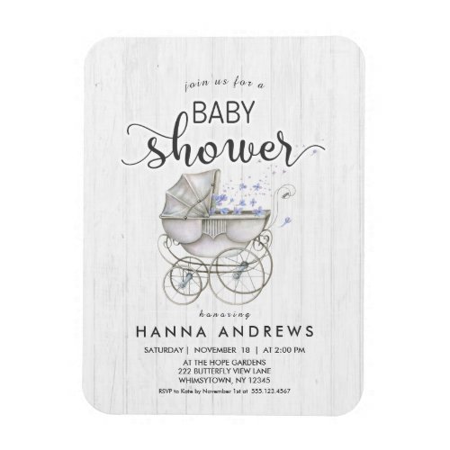 White Wood  Carriage Boy Baby Shower Invitation Magnet