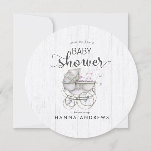 White Wood  Carriage Girl Baby Shower Invitation