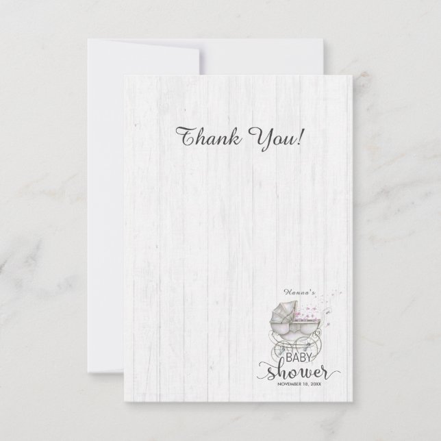 White Wood & Carriage Girl Baby Shower Thank You (Front)