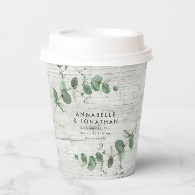 white wood eucalyptus foliage wedding   paper cups (Front)