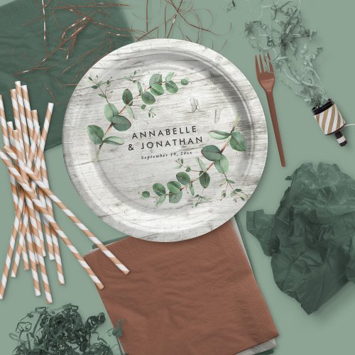 white wood eucalyptus foliage wedding  paper plates