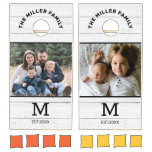 White Wood Family Name Photo Custom Monogram Cornhole Set