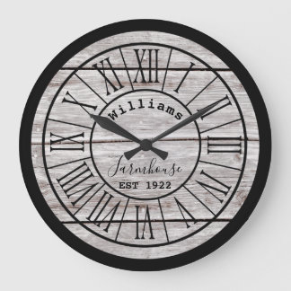 White Wood Farmhouse Family Name Large Clock