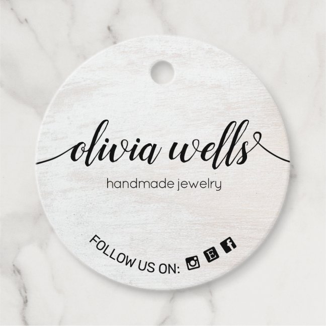 White Wood Floral 2&quot; Round Social Media Hang Tag