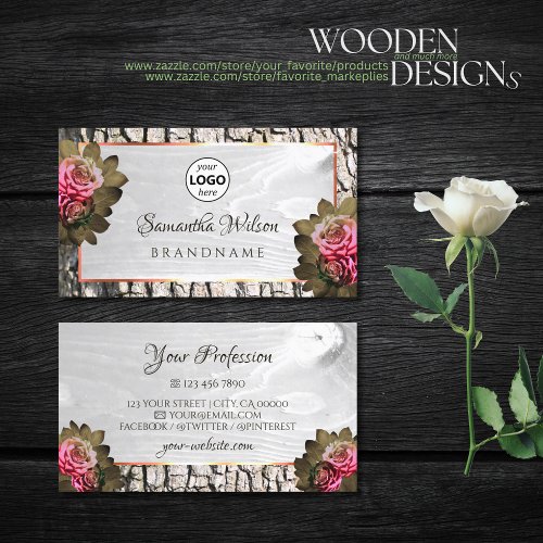 White Wood Grain Pink Roses Natural Tree Bark Logo Business Card