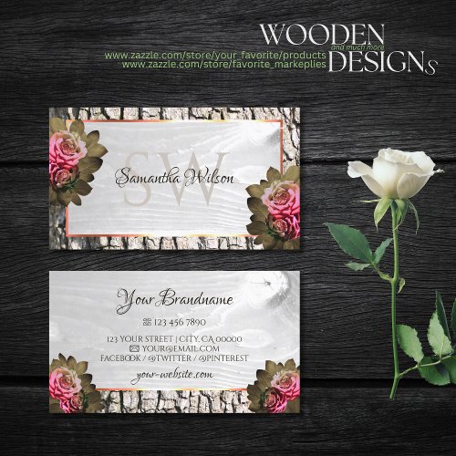 White Wood Grain Pink Roses Tree Bark and Initials Business Card