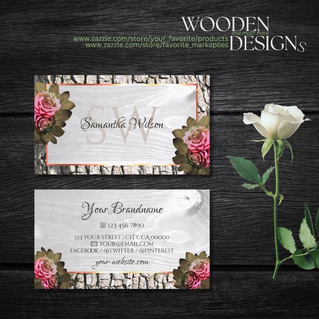White Wood Grain Pink Roses Tree Bark and Initials Business Card (Creator Uploaded)