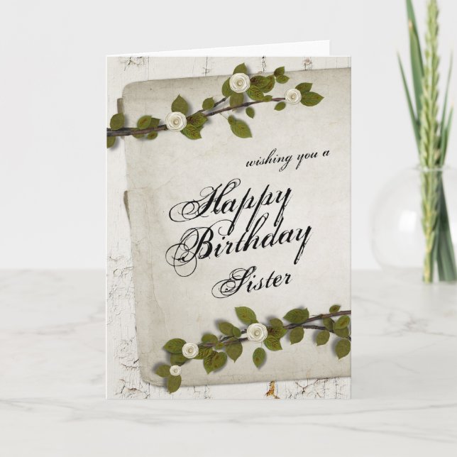 White Wood Happy Birthday Sister Card (Front)