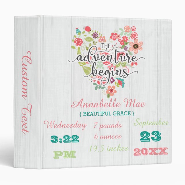 White Wood & Heart Birth Stats Baby Girl Scrapbook Binder (Front/Spine)