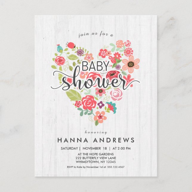 White Wood & Heart Girl Baby Shower Invitation (Front)