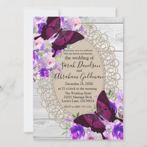White Wood Lace Butterflies Butterfly Wedding Invitation