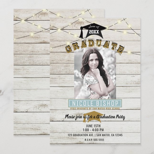 White Wood Lace Lights Graduation Party     Invitation (Front/Back)