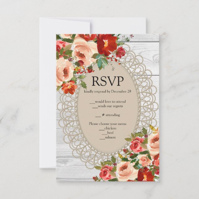 White Wood Lace Red Flowers Roses Rustic RSVP (Front)