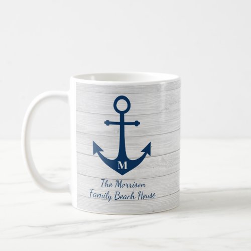 White Wood Monogram Beach House Anchor Family Coffee Mug