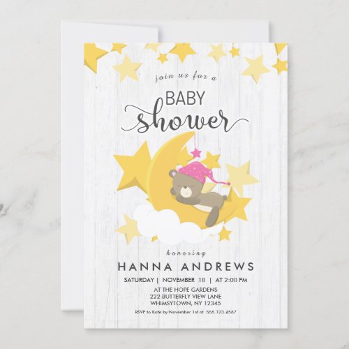 White Wood Moon Stars Bear Baby Shower Invitation