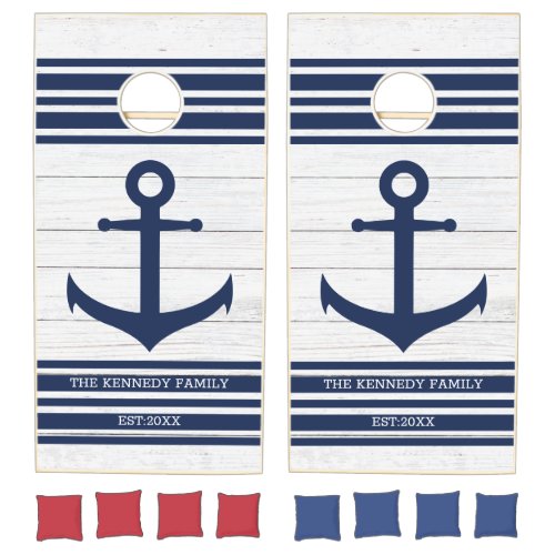 White Wood Nautical Blue Anchor Family Name Cornhole Set