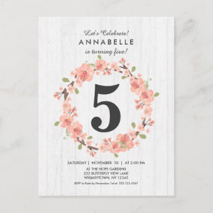 White Wood Peach Floral Birthday Party Invitation