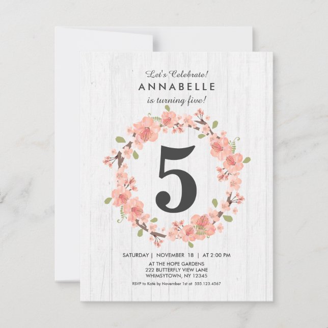 White Wood Peach Floral Birthday Party Invitation (Front)