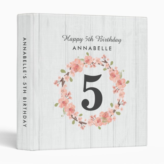 White Wood & Peach Floral Happy Birthday Scrapbook Binder (Front/Spine)