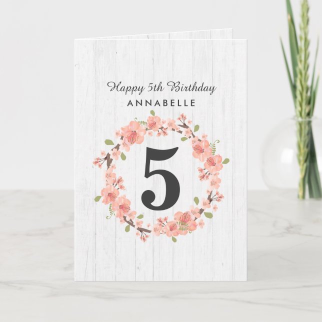 White Wood & Peach Floral Wreath Happy Birthday Card (Front)