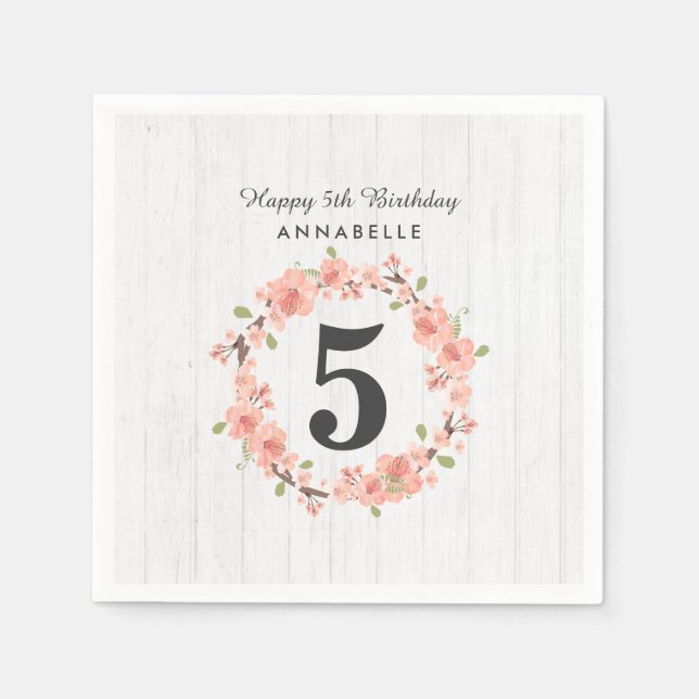White Wood & Peach Floral Wreath Happy Birthday Napkins (Front)