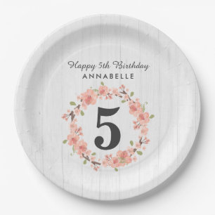 White Wood & Peach Floral Wreath Happy Birthday Paper Plates