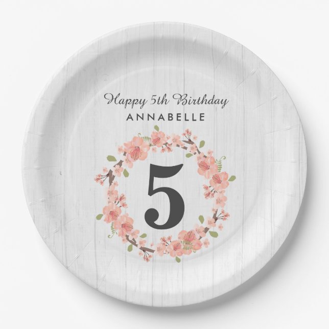 White Wood & Peach Floral Wreath Happy Birthday Paper Plates (Front)