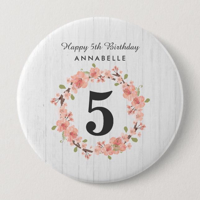 White Wood & Peach Floral Wreath Happy Birthday Pinback Button (Front)