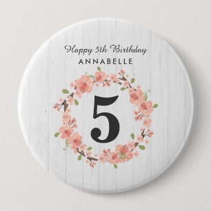 White Wood & Peach Floral Wreath Happy Birthday Pinback Button