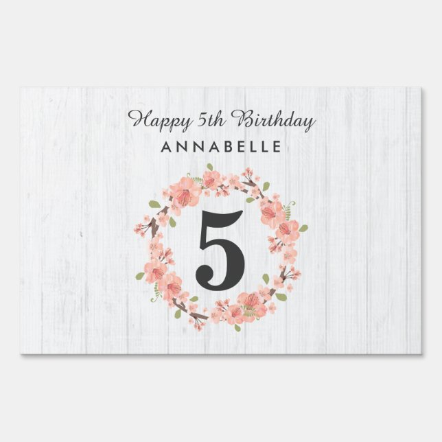 White Wood & Peach Floral Wreath Happy Birthday Yard Sign (Front)