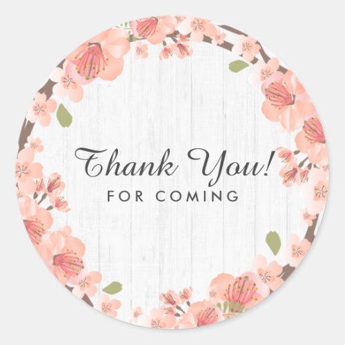 White Wood  Peach Floral Wreath Thank You Favor Classic Round Sticker