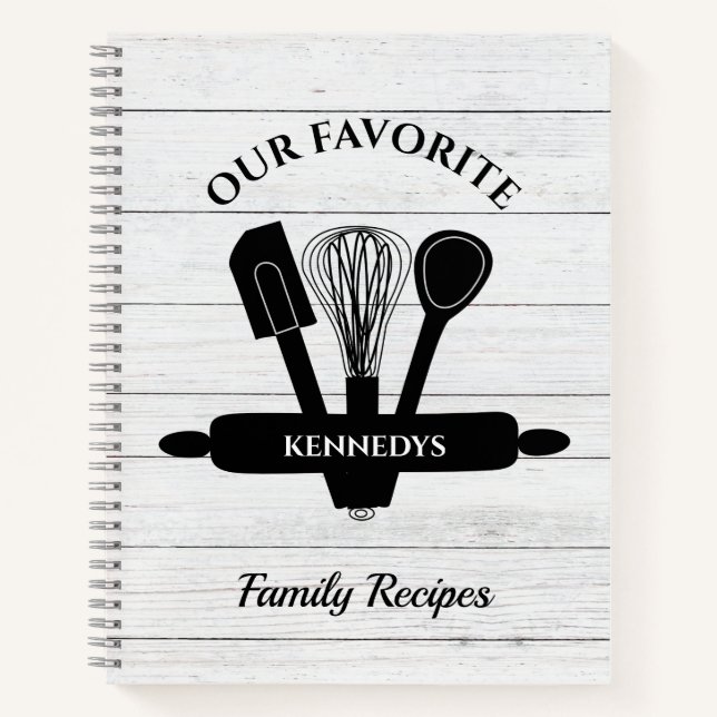 White Wood Personalized Family Recipe Cookbook Notebook (Front)
