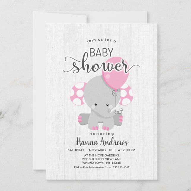 White Wood Pink Elephant Baby Shower Invitation (Front)