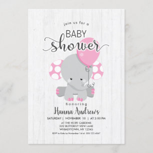 White Wood Pink Elephant Baby Shower Invitation
