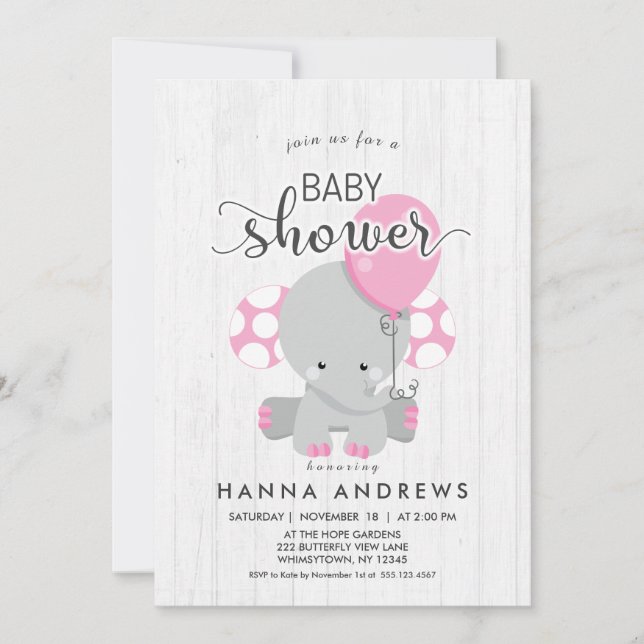 White Wood Pink Elephant Baby Shower Invitation (Front)