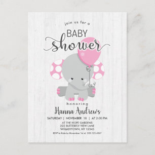 White Wood Pink Elephant Baby Shower Invitation