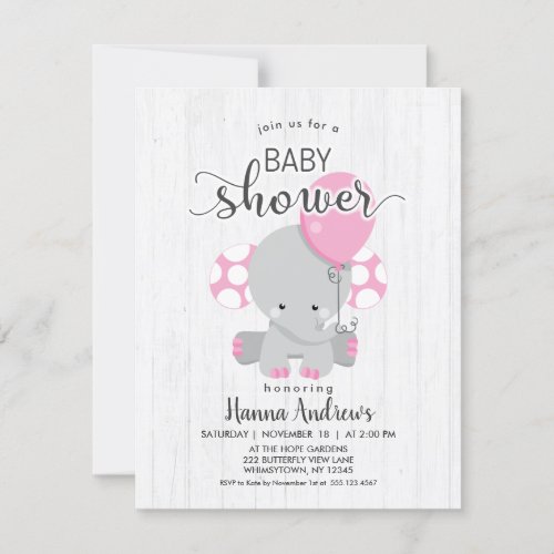 White Wood Pink Elephant Baby Shower Invitation