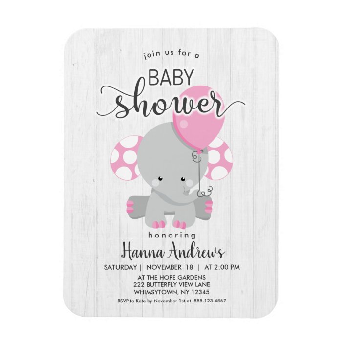 White Wood Pink Elephant Baby Shower Invitation Magnet Zazzle Com