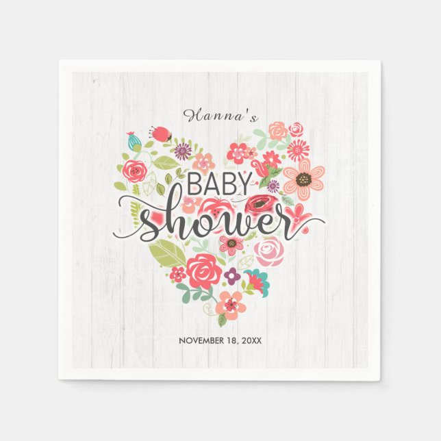 White Wood & Pink Floral Heart Girl Baby Shower Napkins (Front)