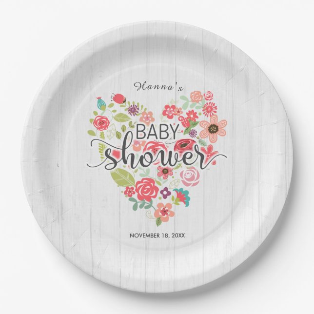 White Wood & Pink Floral Heart Girl Baby Shower Paper Plates (Front)