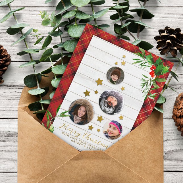 White Wood & Red Plaid | Christmas Tree 4 Photo Holiday Postcard (Creator Uploaded)