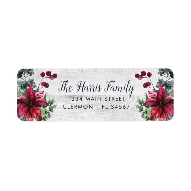 White Wood Red Poinsettia Holly Berries Label (Front)