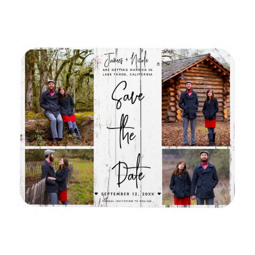 White Wood Rustic 4 Photos Save the Date Wedding  Magnet