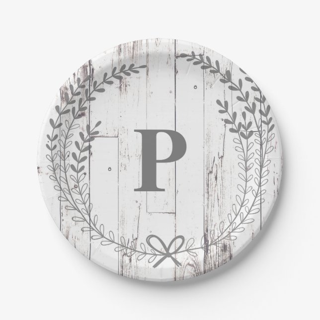 White Wood Rustic Farmhouse Monogram Wedding Paper Plates (Front)