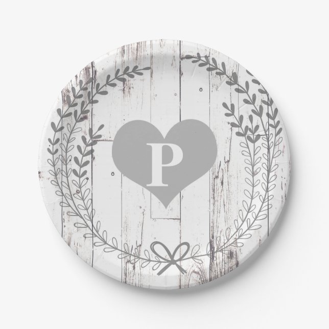 White Wood Rustic Farmhouse Monogram Wedding Paper Plates (Front)
